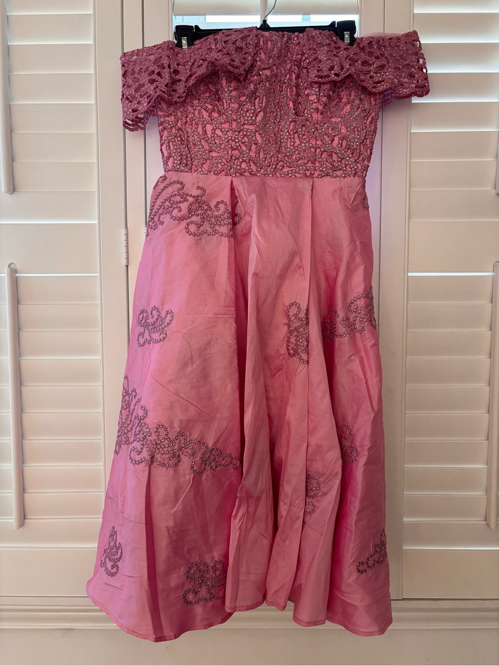 Off-Shoulder Pink Beaded Strapless Dress